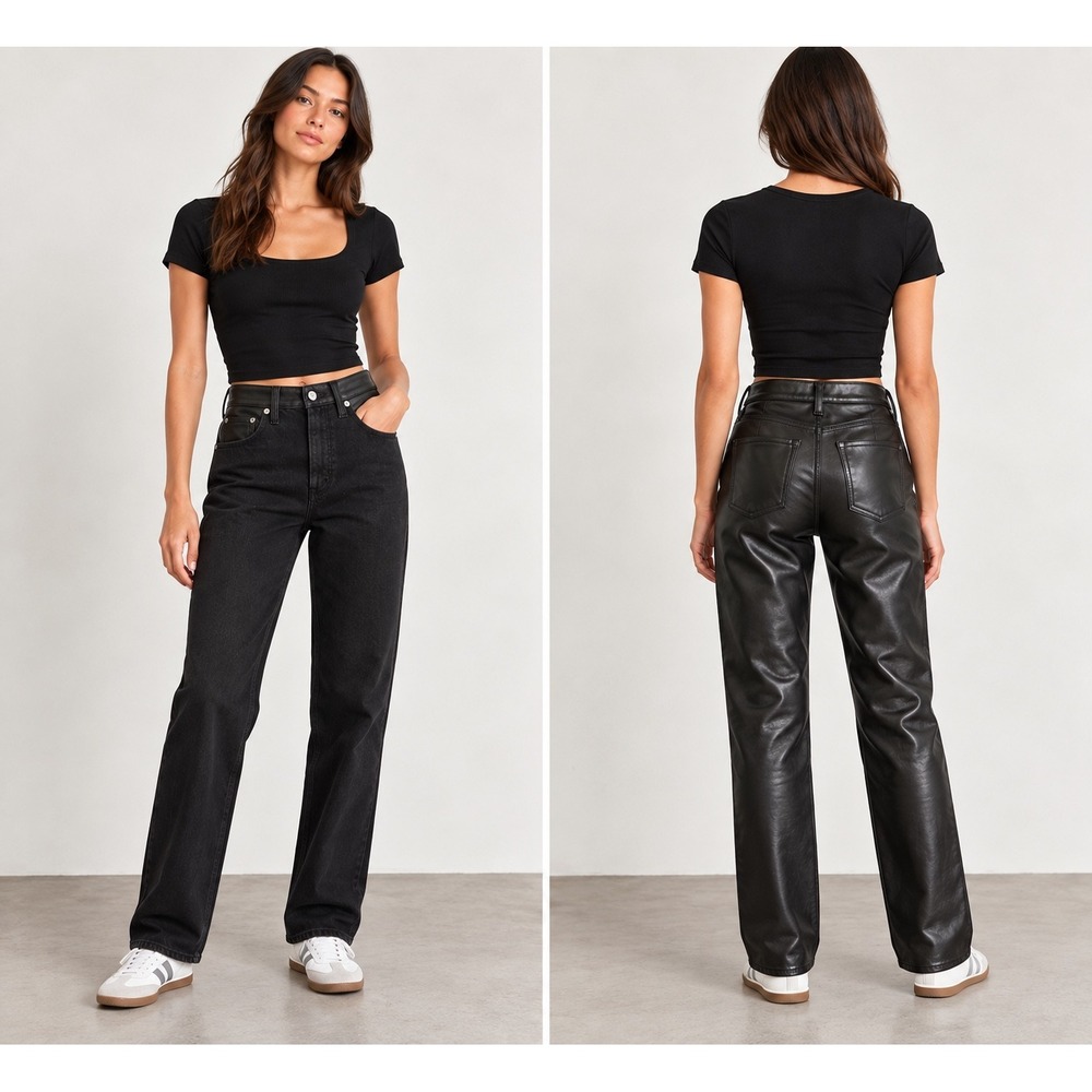 Abercrombie & Fitch 90s Straight Ultra High Rise Vegan Leather Denim Pants 24 00